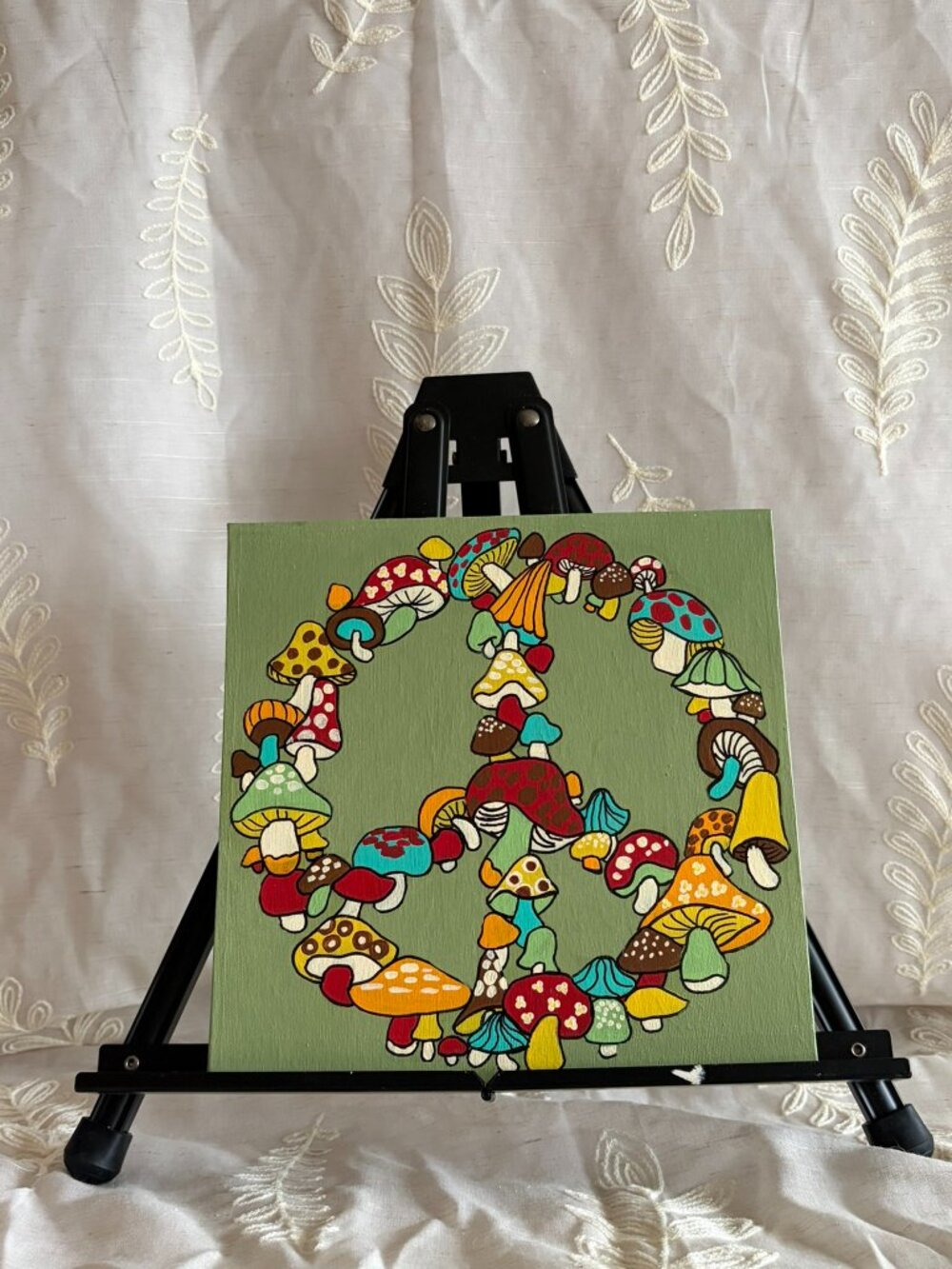 Hand Painted Retro Mushroom Peace Sign Canvas 10x10
